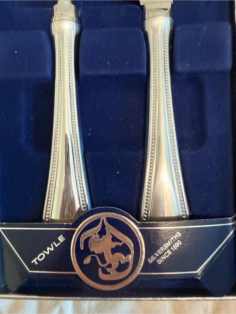 Towle Silver Stainless Carving Knife and Fork Set with Blue Box